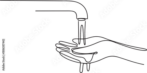 Continuous line drawing of washing hand with water faucet. one line Art icon drawing vector