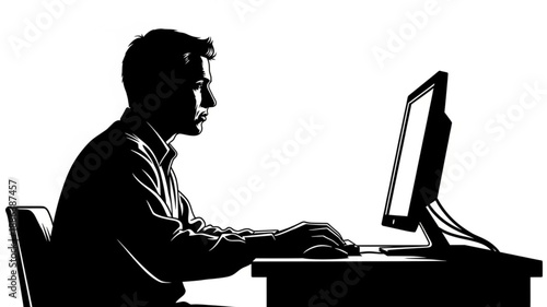 Silhouette of a man working on a computer in an office.