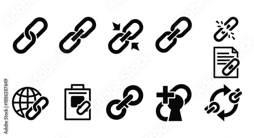 Black and white icons depicting chains links globes and various symbols