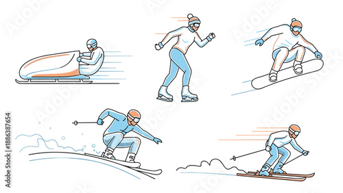 Set of winter sports illustrations showing athletes participating in bobsledding, ice skating, snowboarding, and skiing activities.