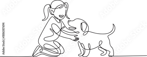 Continuous line drawing of happy little girl playing with dog pet. one line Art icon drawing vector