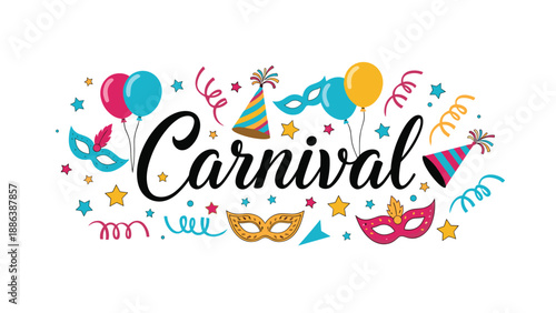 Festive carnival themed header with colorful balloons, party hats, masks, streamers, and stars surrounding stylized text.