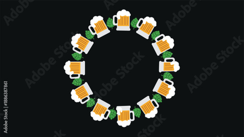 Circular wreath composed of beer mugs with foam and green hop cones arranged against a solid black background.
