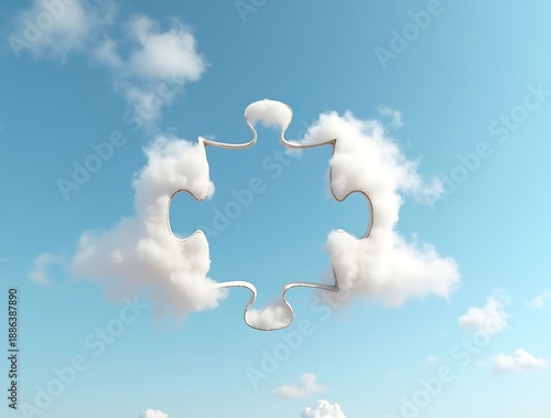 White fluffy cloud shaped like a jigsaw puzzle piece in blue sky
