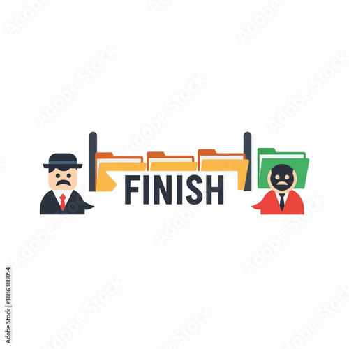 A cartoon illustration showing a detective and a masked thief at a finish line made of business folders, symbolizing a race or competition.