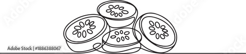 Continuous line drawing of sliced cucumber pickles. one line Art icon drawing vector