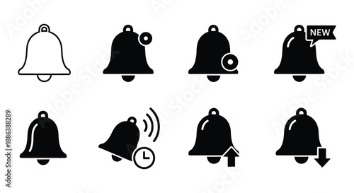 Collection of black bell icons displaying different states and notification options