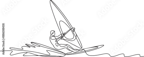 Continuous single line sketch drawing of professional windsurfing athlete ride surfboard on ocean wave. one line Art icon drawing vector