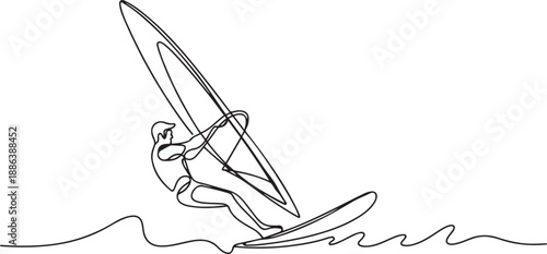 Continuous single line sketch drawing of professional windsurfing athlete ride surfboard on ocean wave. one line Art icon drawing vector