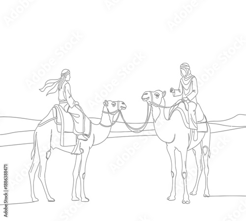 Two riders on camels traverse a desert landscape in a simple line art illustration