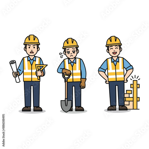 Three cartoon construction workers showing different emotions and stages of work, from planning to tired labor to successful completion.