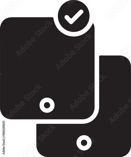 Black and white icon of two connected id cards with verification checkmark