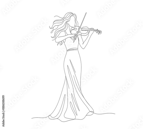 Elegant line art illustration of a woman gracefully playing the violin in a flowing dress