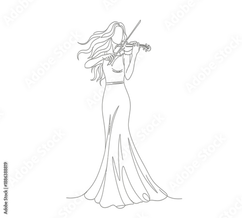 Elegant line art illustration of a woman playing the violin in a flowing gown