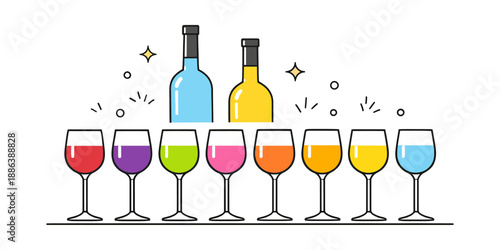 Colorful line art beverage set featuring bottles and glasses with various drinks for a party