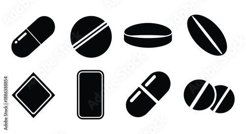 Assorted black pill and tablet icons representing pharmaceutical medications and healthcare