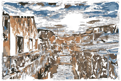 Sketch-style impressionnist painting,Slum Drainage,Digital illustration vector image  