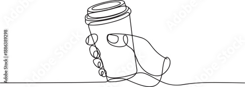 continuous line drawing of hand holding plastic cup of coffee drink. one line Art icon drawing vector