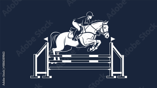 Equestrian jumping over obstacle, horse and rider, sport illustration