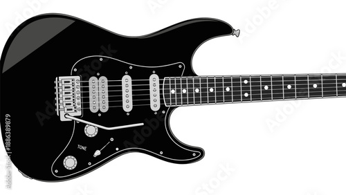 Glossy Black Electric Guitar on White Background, Rock Music Instrument