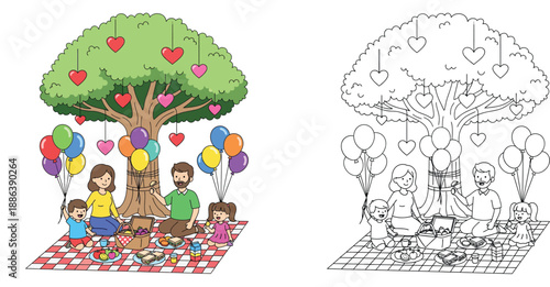 Happy family picnic under tree with hearts and balloons coloring page vector illustration