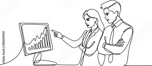 Single continuous line drawing of two young serious male and female worker watching sales chart on computer screen. one line Art icon drawing vector