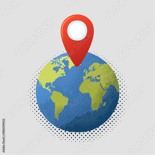 Planet Earth with big red location pin on top halftone art collage cut out element.