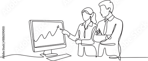 Single continuous line drawing of two young serious male and female worker watching sales chart on computer screen. one line Art icon drawing vector