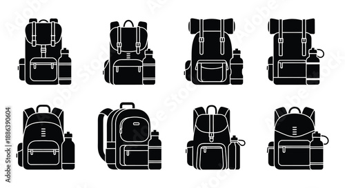 A collection of travel and lifestyle icons backpack smartphone coffee and more