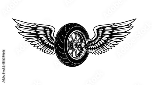 Winged Wheel Emblem: Motorcycle Tire with Angel Wings, Symbol of Freedom and Speed