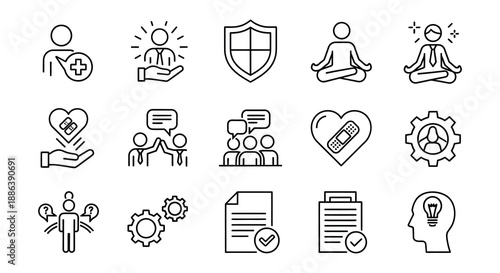 Collection of line icons representing healthcare protection wellness and support