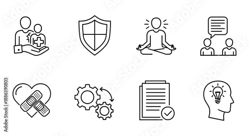 Collection of line icons representing healthcare protection wellness and support
