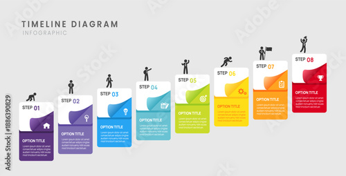 Business roadmap timeline infographic with 8 steps milestones elements, diagram, and icon, vector.