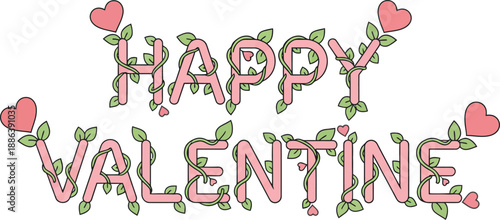 Celebrating Valentine's Day with pink hearts and vines, love concept illustration