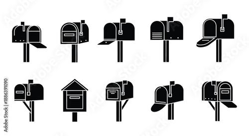 Collection of black silhouette mailboxes in various styles and designs