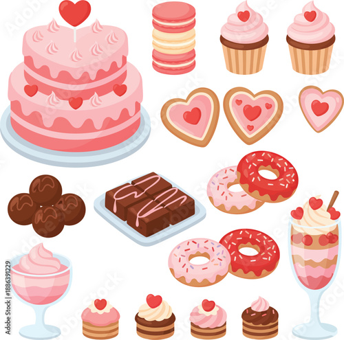 A delightful collection of pink and chocolate desserts, featuring heart-shaped cakes, cupcakes, cookies, donuts, macarons, and brownies, ideal for sweet celebrations and romantic occasions