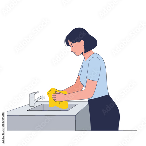 Woman cleaning sink with yellow cloth in modern kitchen  