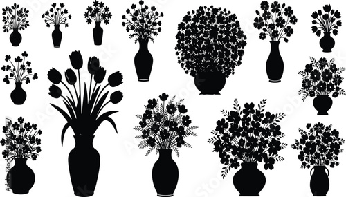 Elegant black silhouette flower arrangements in assorted vases, decorative floral bouquet designs, creative botanical composition set, ornamental vector art illustration