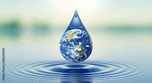 World  Water Day Single water drop containing the Earth globe falls into calm water, creating concentric ripples in a serene natural landscape.