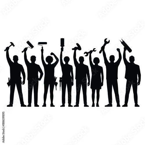 Silhouettes of workers holding various tools hammers
