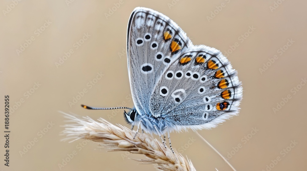 Obraz premium Delicate Butterfly with Blue and Orange Wings Resting on Plant Stalk