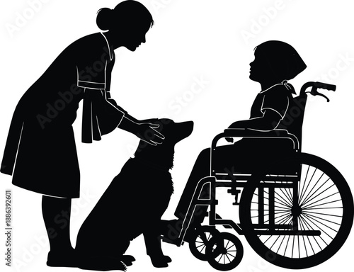 Silhouette of child in wheelchair with therapy dog and caregiver, support animal interaction, emotional healing, medical care, disability assistance