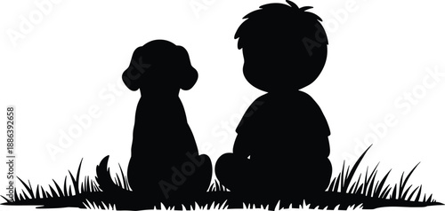 Silhouette of child sitting with dog, best friends in nature, loyal pet companion, peaceful moment, grass field, friendship, love, bond