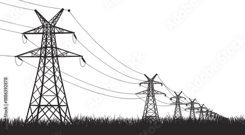 Silhouette of high voltage power transmission towers lined across landscape, supporting electric cables for long-distance electricity distribution