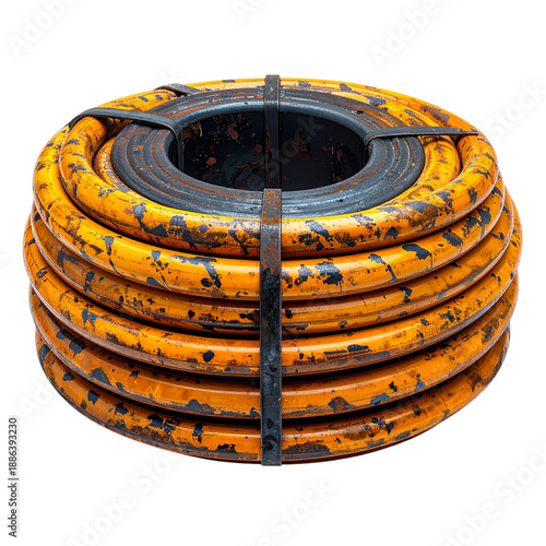 Industrial coiled hose component, weathered orange on Transparent Background