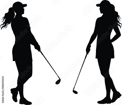 Silhouette of two female golfers holding clubs, standing in conversation, active women in sportswear, isolated on white background, golf concept