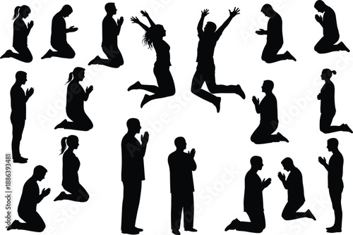Silhouette people praying kneeling standing and jumping, black vector illustration of worship, celebration, meditation, spiritual moment, devotion