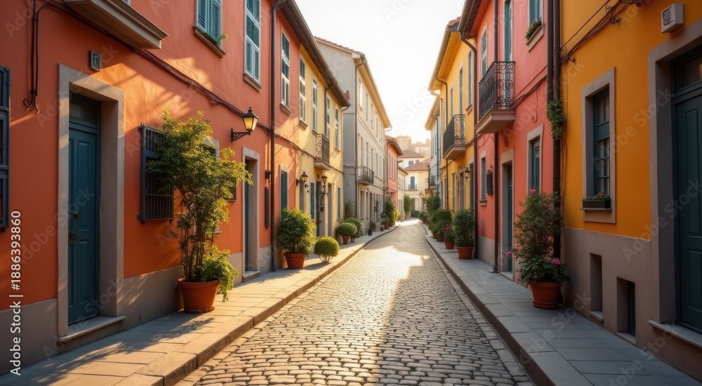 Fototapeta premium Alleyway with potted plants and windows in a small town