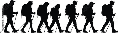 Silhouette sequence of a man hiking with backpack and trekking poles walking outdoors – adventure, nature, trekking, exploration vector illustration