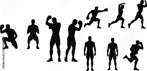 Silhouette series of a boxer performing various boxing exercises, punches, and movements, including running, training, and action poses for fitness and strength